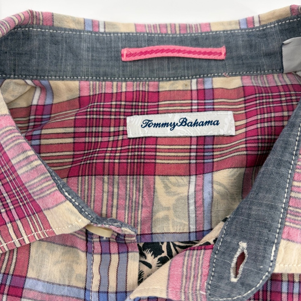 Tommy Bahama Mens XL Long Sleeve Plaid Floral Cotton Button Up Shirt‎ Pink Blue
